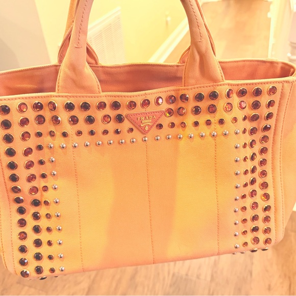 Prada Large Studded Canvas Orange Handbag with crossbody strap - Picture 1 of 8